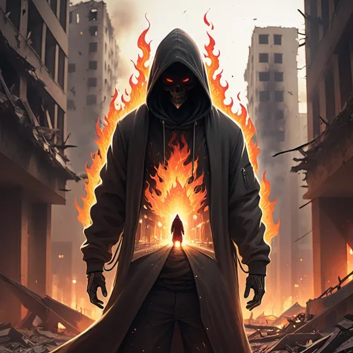 Prompt: A hooded figure with a mass of flames emanating from his back in a destroyed city.