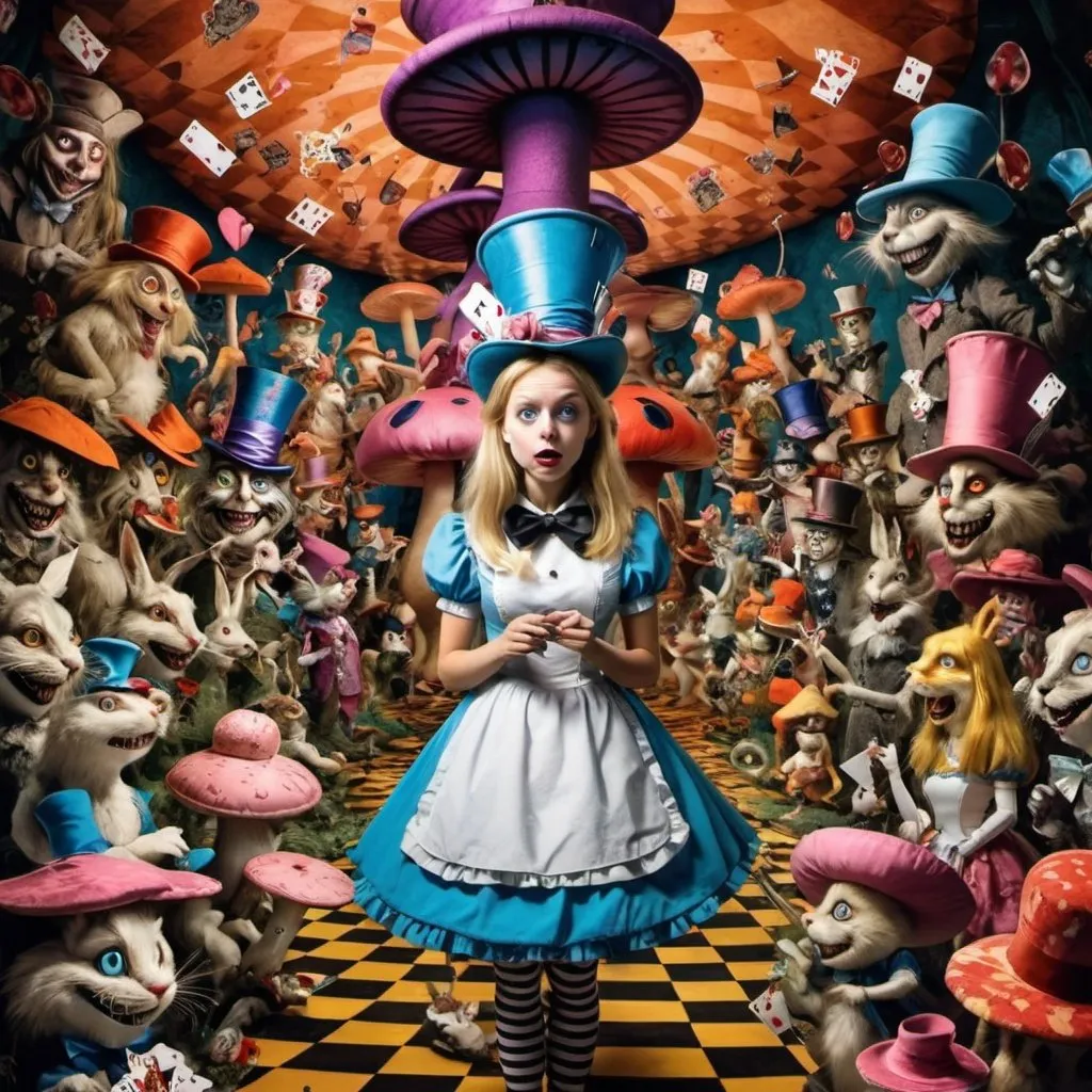 Prompt: psychedelic of alice in wonderland in the mad hatters world of fun and hatred