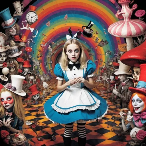 Prompt: psychedelic of alice in wonderland in the mad hatters world of fun and hatred