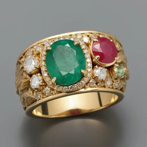 Prompt: gold, emerald, feldspar, diamonds, ruby