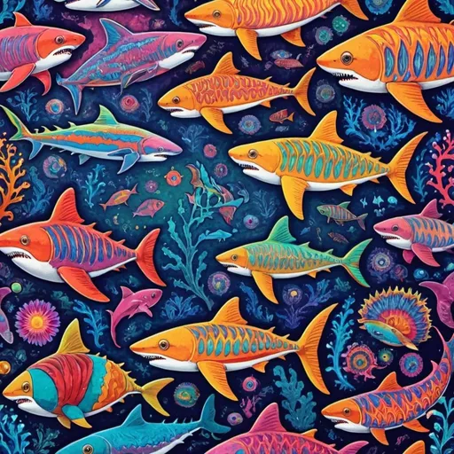 Prompt: psychedelic fishes, sharks and mammals