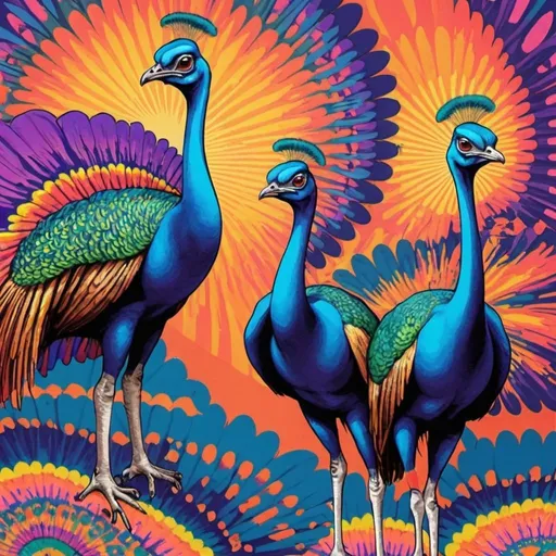 Prompt: psychedelic peacocks and ostriches