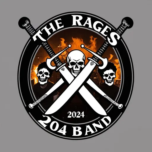 Prompt: The Rages Band 2024 logo with a blacksmith sword with instruments drums, piano, bass, acoustic and electric guitar with amplifiers