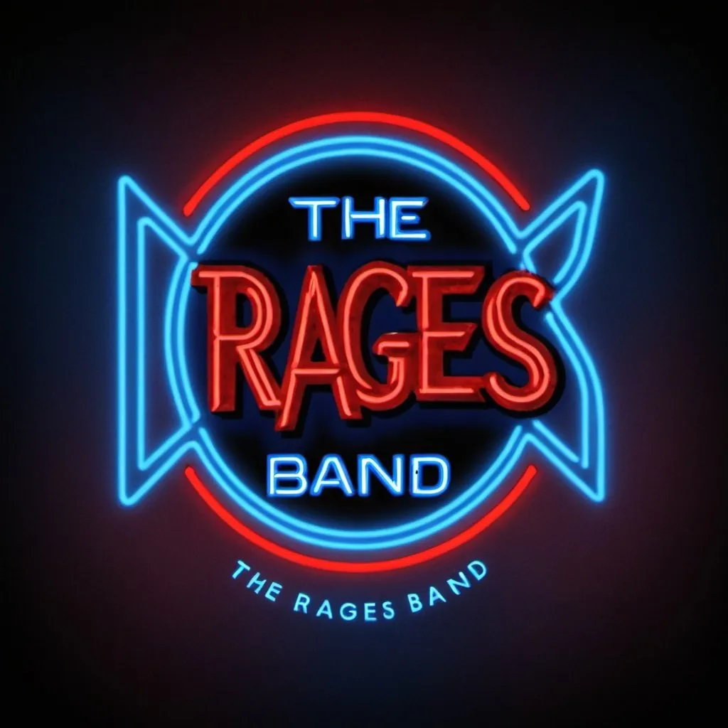 Prompt: The Rages Band logo full name not The Rages Band but The Rages Band with neon light of red and blue