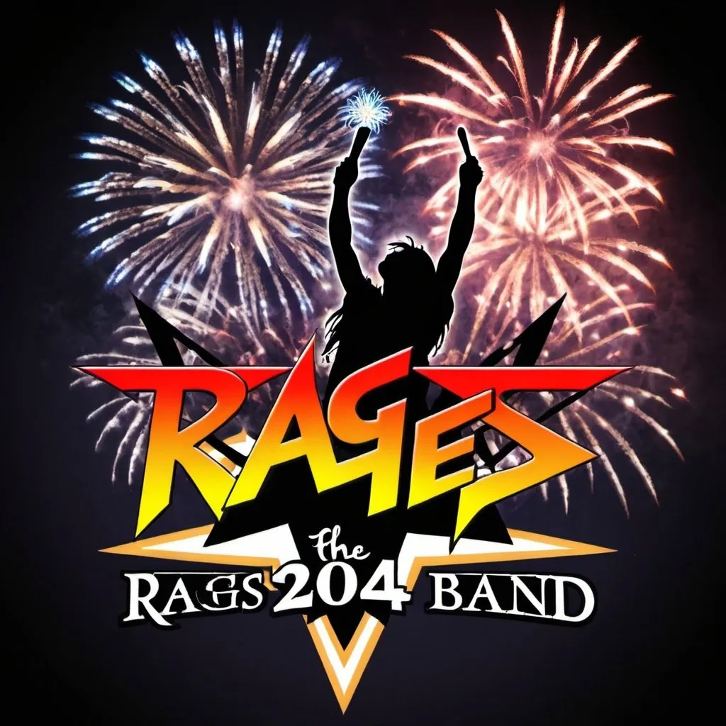 Prompt: the rages band logo 2024 with fireworks version plus rock star in a gig