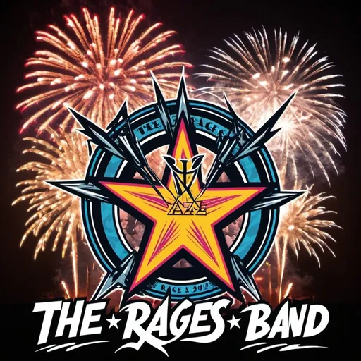 Prompt: the rages band logo 2024 with fireworks version plus rock star in a gig