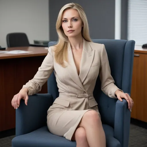 Prompt: A beautiful 38 years old lady sitting in a guest chair in a company director's office. She is a tall, slender woman with long, flowing blonde hair that cascades elegantly over her shoulders. Her eyes are sharp and piercing, radiating intelligence and mystery. Vermouth maintains a graceful posture, exuding confidence and poise as she sits in the chair. She is dressed in a sophisticated and fashionable outfit, perhaps a sleek dress or stylish pantsuit that accentuates her figure. In her hand, she holds a cigarette, adding a touch of allure and danger to her persona.