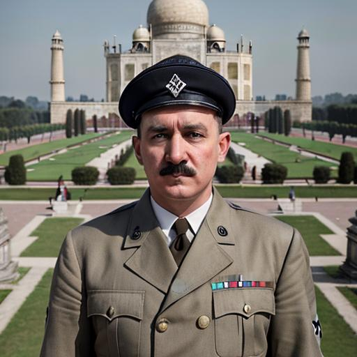 Prompt: Adolf Hitler wearing a ww2 Nazi uniform, standing next to the Taj Mahal with his hands behind his back. He has a stern and serious look. There is a flag behind him with a Hindu Swastika