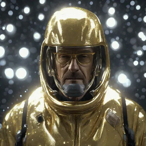 Prompt: Enchanted, Radiant, Majestic, 3D, HD, Cinematic lighting, Walter White, {liquid}silver jade ivory sapphire), expansive starry background beautiful dark chaos, hyper realistic, gold hazmat suit, 8K --s98500