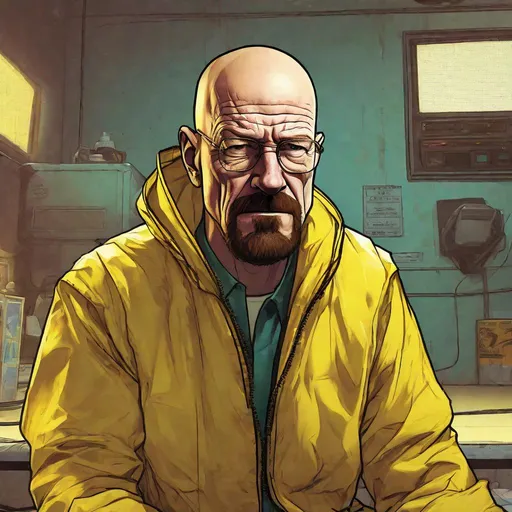 Prompt: Cinematic comic book style full-body portrait of Walter White, yellow hazmat suit, intense facial expression, loading screen animation, Grand Theft Auto 5, detailed shading and highlights, professional comic book art, high quality, cinematic, animated, intense lighting, vibrant colors, detailed hazmat suit, dynamic pose, realistic animation, professional, highres, ultra-detailed, comic book style, loading screen