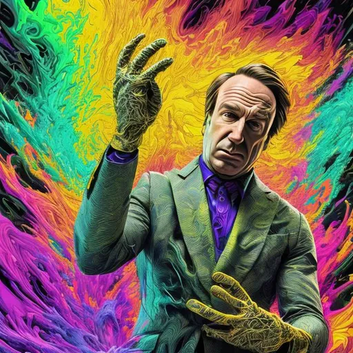 Prompt: close up, Saul Goodman, yellow suite , Datamoshing , Vaporware, Particle spectra hologlitch,, by Dan Mumford and Callie Fink, liquid ink, dynamic pose, centered, 16k resolution , HQ , hyper detailed, intricate artwork, insanely detailed and intricate, hyper realistic, trending on cgsociet