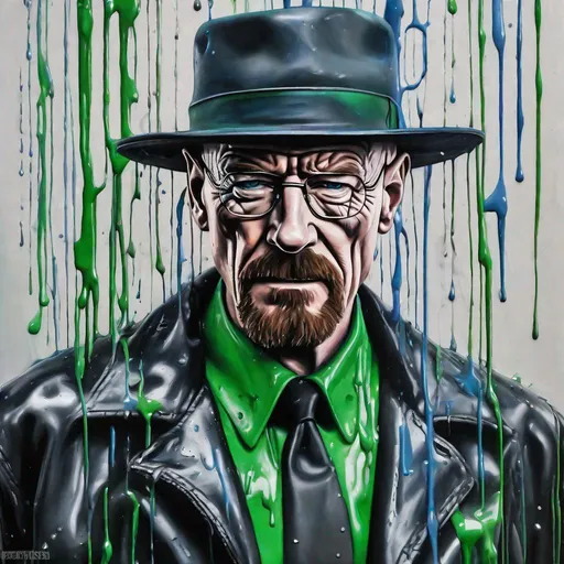 Prompt: Walter White with a black jacket wearing a green collared shirt, a black hat dripping blue paint, in the style of paint dripping technique, wet on wet painting, 8k 3d, whimsical Cyborg black and white realism, eye-catching detail, Realistic futurism, porcelain finished