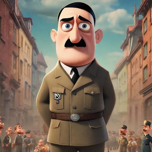 Prompt: A movie poster of Hitler standing. it is animated in a Pixar style, and it looks like a Disney poster. The movies name is Jew