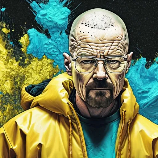 Prompt: close up, Walter White , yellow hazmat suite , Datamoshing , Vaporware, Particle spectra hologlitch,, by Dan Mumford and Callie Fink, liquid ink, dynamic pose, centered, 16k resolution , HQ , hyper detailed, intricate artwork, insanely detailed and intricate, hyper realistic, trending on cgsociet