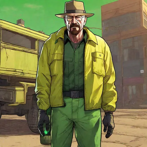 Prompt: Cinematic comic book style full-body portrait of Walter White, yellow hazmat suit, intense facial expression, loading screen animation, Grand Theft Auto 5, detailed shading and highlights, professional comic book art, high quality, cinematic, animated, intense lighting, vibrant colors, detailed black jacket, black fedora, black pants, and green collared shirt,  dynamic pose, realistic animation, professional, highres, ultra-detailed, comic book style, loading screen, 8k