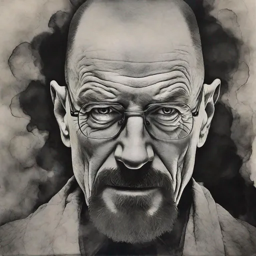 Prompt: Vanished picture of Walter White, a hint of victorian psychedelia, high contrast black and white, minimal: (basalt, tar, oil, sprinkled with chalk powder, watercolor and pencil outlined drawing), dominant colors: black and white and gray, worrying bizarreness, Phantasmagoria, horror theater, special effects Smoke and mirrors, Pepper's ghost, Off-Broadway, The Masque of the Red Death