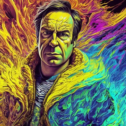 Prompt: close up, Saul Goodman, yellow suite , Datamoshing , Vaporware, Particle spectra hologlitch,, by Dan Mumford and Callie Fink, liquid ink, dynamic pose, centered, 16k resolution , HQ , hyper detailed, intricate artwork, insanely detailed and intricate, hyper realistic, trending on cgsociet