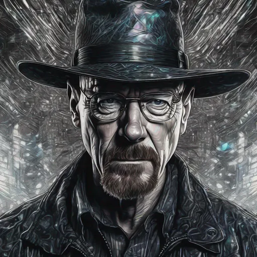Prompt: Close up portrait, Walter White  in a black jacket, Particle spectra hologlitch, Datamoshing , Vaporware, Psychedelic art by GIGER, by Dan Mumford and Callie Fink, liquid ink, ink wash, dynamic pose, centered, 16k resolution , HQ , hyper detailed, intricate artwork, perspective , insanely detailed and intricate, hyper realistic, trending on cgsociet