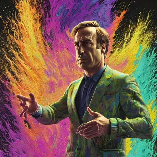 Prompt: close up, Saul Goodman, yellow blazer , Datamoshing , Vaporware, Particle spectra hologlitch,, by Dan Mumford and Callie Fink, liquid ink, dynamic pose, centered, 16k resolution , HQ , hyper detailed, intricate artwork, insanely detailed and intricate, hyper realistic, trending on cgsociet