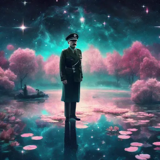 Prompt: Adolf Hitler in WW2 Nazi uniform, intricate frock, bioluminescent veils, midnight lake, stars, silk, lilypads, nebula, galaxy, luminous, 8k ultra HD, soft light, teal and pink tones, detailed, bioluminescent, galaxy theme, luminous silhouettes, atmospheric lighting, Pixar, Yoshitaka Amano