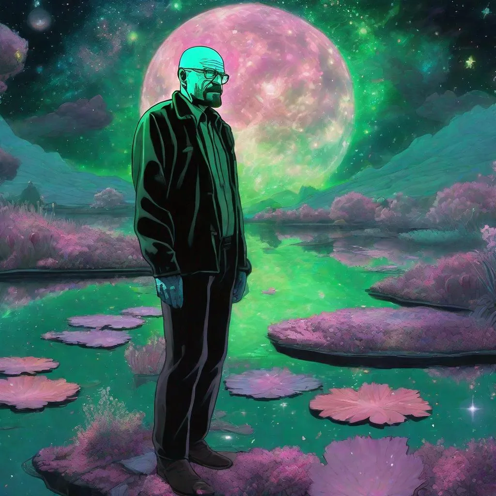 Prompt: Walter White in black pants and jacket, green collared shirt, Pixar, Yoshitaka Amano, intricate frock, bioluminescent veils, midnight lake, stars, silk, lilypads, nebula, galaxy, luminous, 8k ultra hd, soft light, teal and pink tones, detailed, bioluminescent, galaxy theme, luminous silhouettes, atmospheric lighting