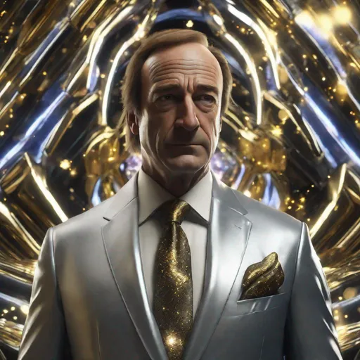 Prompt: Enchanted, Radiant, Majestic, 3D, HD, Cinematic lighting, Saul Goodman, {liquid}silver jade ivory sapphire), expansive starry background beautiful dark chaos, hyper realistic, Gold Suit, 8K --s98500