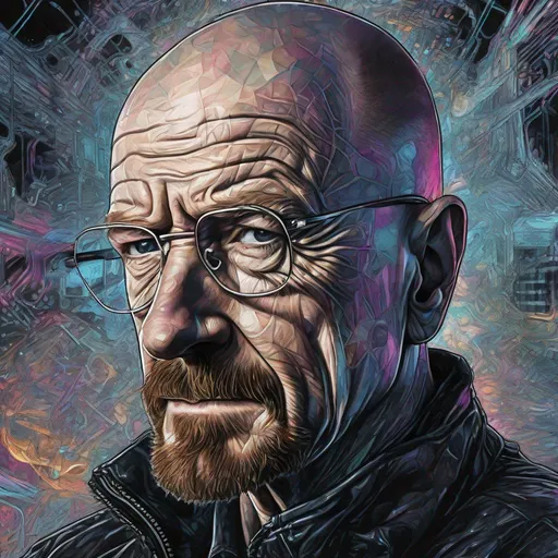 Prompt: Close up portrait, Walter White  in a black jacket, Particle spectra hologlitch, Datamoshing , Vaporware, Psychedelic art by GIGER, by Dan Mumford and Callie Fink, liquid ink, ink wash, dynamic pose, centered, 16k resolution , HQ , hyper detailed, intricate artwork, perspective , insanely detailed and intricate, hyper realistic, trending on cgsociet