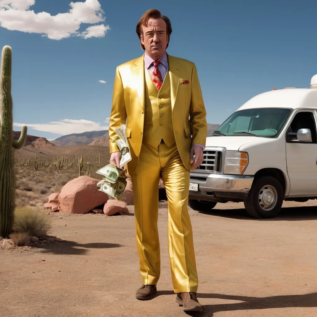 Prompt: Full body portrait of Saul Goodman wearing a 3 piece gold suit walking in a New Mexican dessert. behind him is Walter White wearing just an apron sitting on a chair with a stack of money next to him. there is also a white van with smoke coming out of the chimney. There are also big red rocks and green cacti behind him