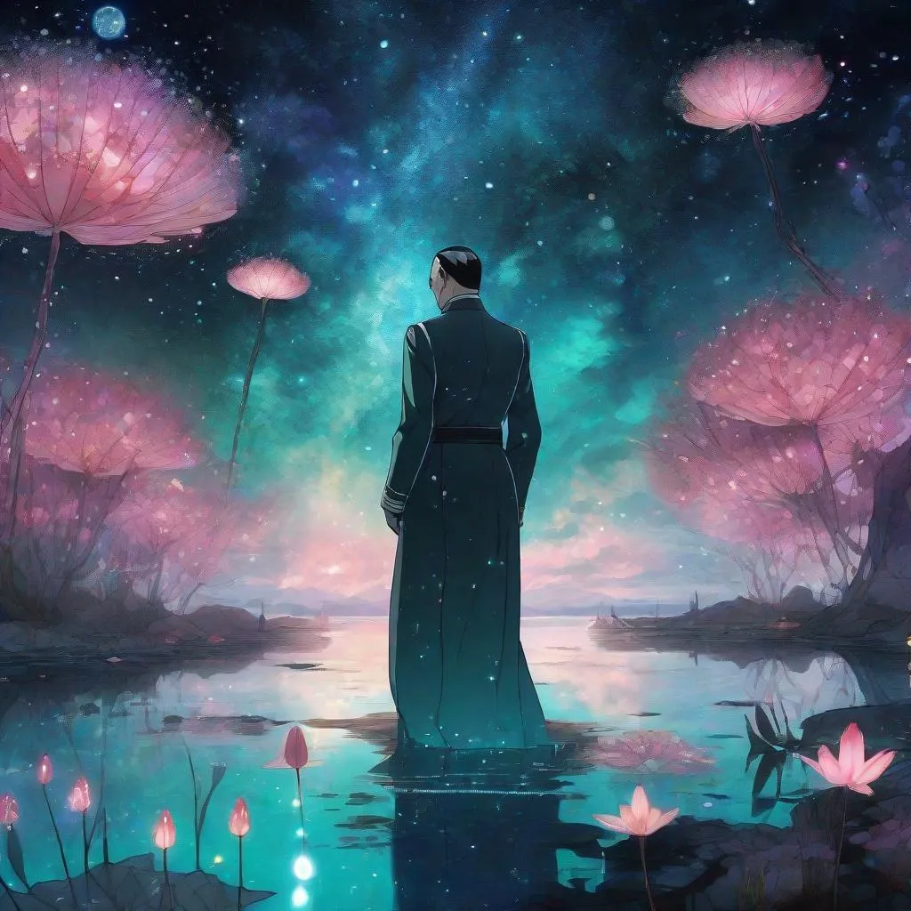 Prompt: Adolf Hitler in Pixar and Yoshitaka Amano style, wearing an intricate frock with bioluminescent veils, standing by a midnight lake with stars, surrounded by silk and lilypads, amidst a nebula and galaxy, 8k ultra hd, soft teal and pink tones, detailed bioluminescent galaxy theme, luminous silhouettes, atmospheric lighting