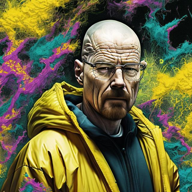 Prompt: close up, Walter White , yellow hazmat suite , Datamoshing , Vaporware, Particle spectra hologlitch,, by Dan Mumford and Callie Fink, liquid ink, dynamic pose, centered, 16k resolution , HQ , hyper detailed, intricate artwork, insanely detailed and intricate, hyper realistic, trending on cgsociet