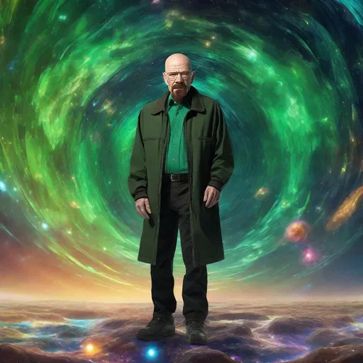Prompt: Full Body portrait of Walter White (Black jacket, black pants, green collared shirt, looking into camera) standing on a floating island in a Artist depiction that is floating in a celestial singularity, interstellar space, 8K, UHD, crisp image quality, beautiful space photo, blackhole, cosmic, surreal, detailed cosmic swirls, intense gravitational pull, vibrant colors, deep space, celestial beauty, intricate patterns, high-resolution, digital art, cosmic art, surreal, vibrant colors, celestial lighting