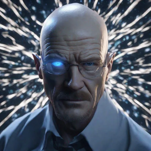 Prompt: Enchanted, Radiant, Majestic, 3D, portrait, HD, Cinematic lighting, Walter White, {liquid}silver jade ivory sapphire), expansive starry background beautiful dark chaos, hyper realistic, 8K 
