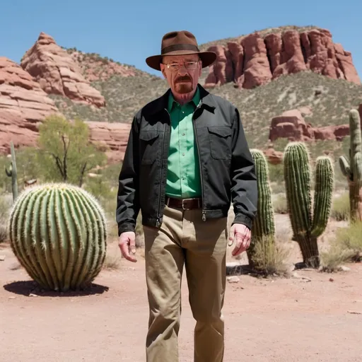 Prompt: A full body portrait, Walter White standing in a New Mexican dessert. Behind him are green cacti and red rocks. he is wearing a Black Jacket and Khaki pants. he is also wearing a green collared shirt with no tie. He has a stern expression. He is walking and has a black fedora in his hand.