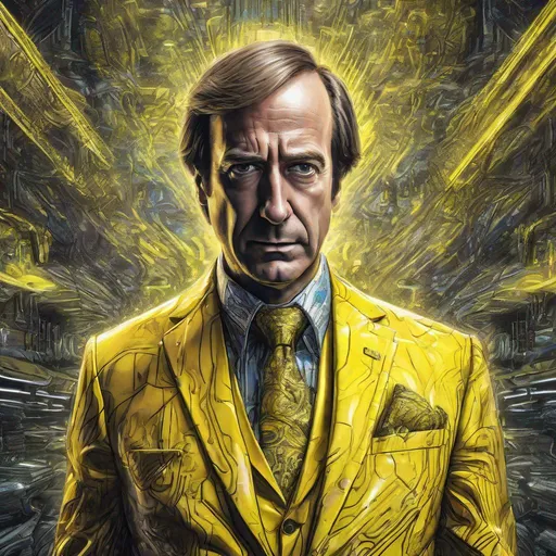 Prompt: Close up portrait, Saul Goodman in a yellow blazer, Particle spectra hologlitch, Datamoshing , Vaporware, Psychedelic art by GIGER, by Dan Mumford and Callie Fink, liquid ink, ink wash, dynamic pose, centered, 16k resolution , HQ , hyper detailed, intricate artwork, perspective , insanely detailed and intricate, hyper realistic, trending on cgsociet