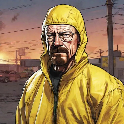 Prompt: Cinematic comic book style full-body portrait of Walter White, yellow hazmat suit, intense facial expression, loading screen animation, Grand Theft Auto 5, detailed shading and highlights, professional comic book art, high quality, cinematic, animated, intense lighting, vibrant colors, detailed hazmat suit, dynamic pose, realistic animation, professional, highres, ultra-detailed, comic book style, loading screen