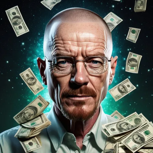 Prompt: Full portrait of Walter White, shinny, handsome, skin glazing in star light, hyper real, fantasy, pile of money in background