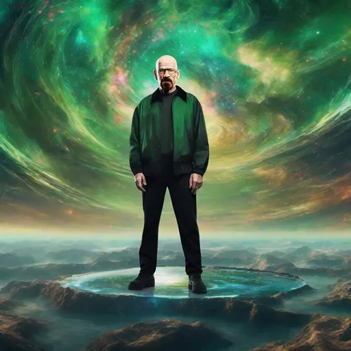 Prompt: Full Body portrait of Walter White (Black jacket, black pants, green collared shirt, looking into camera) standing on a floating island in a Artist depiction that is floating in a celestial singularity, interstellar space, 8K, UHD, crisp image quality, beautiful space photo, blackhole, cosmic, surreal, detailed cosmic swirls, intense gravitational pull, vibrant colors, deep space, celestial beauty, intricate patterns, high-resolution, digital art, cosmic art, surreal, vibrant colors, celestial lighting