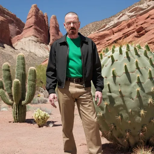 Prompt: A full body portrait, Walter White standing in a New Mexican dessert. Behind him are green cacti and red rocks. he is wearing a Black Jacket and Khaki pants. he is also wearing a green collared shirt with no tie. He has a stern expression.