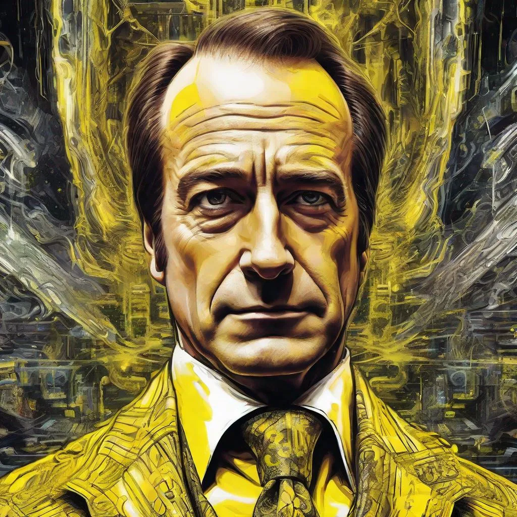 Prompt: Close up portrait, Saul Goodman in a yellow blazer, Particle spectra hologlitch, Datamoshing , Vaporware, Psychedelic art by GIGER, by Dan Mumford and Callie Fink, liquid ink, ink wash, dynamic pose, centered, 16k resolution , HQ , hyper detailed, intricate artwork, perspective , insanely detailed and intricate, hyper realistic, trending on cgsociet