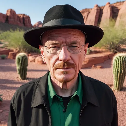 Prompt: close-up from front and above on face of Walter White wearing a black jacket, black fedora and a green collared shirt and looking into camera lens. He is at little cliff. It is a hot summer during sunset. Around him are few green cactuses and shrubs. Close behind him in the background are  red rocks and red dessert with waves. Everywhere is sand.