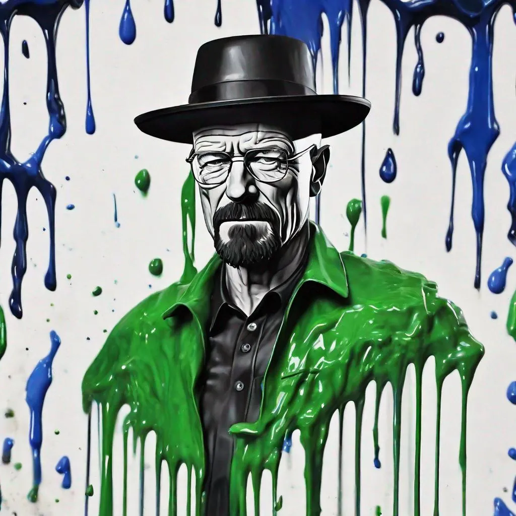 Prompt: Walter White with a black jacket wearing a green collared shirt, a black hat dripping blue paint, in the style of paint dripping technique, wet on wet painting, 8k 3d, whimsical Cyborg black and white realism, eye-catching detail, Realistic futurism, porcelain finished