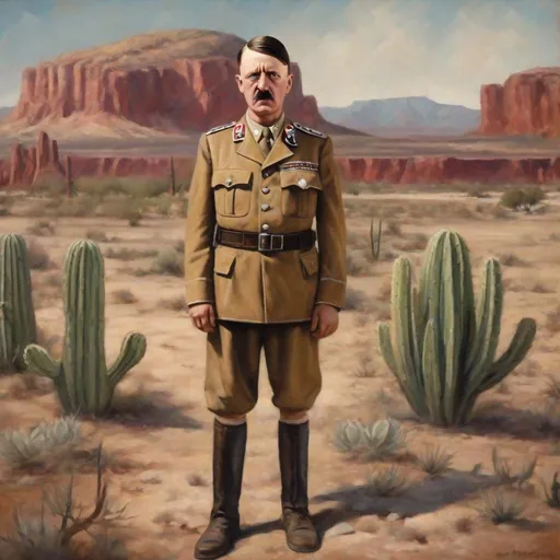 Prompt: Adolf Hitler wearing a WW2 Nazi Uniform standing in New Mexico desert, full body portrait, vintage oil painting, dusty, dry landscape, train in the background, cacti, red rocks, war-torn environment, realistic portrayal, historical accuracy, authentic, vintage style, warm earth tones, natural lighting. He has a thousand year stare
