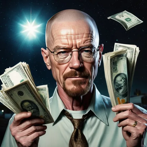 Prompt: Full portrait of Walter White, shinny, handsome, skin glazing in star light, hyper real, fantasy, pile of money in background