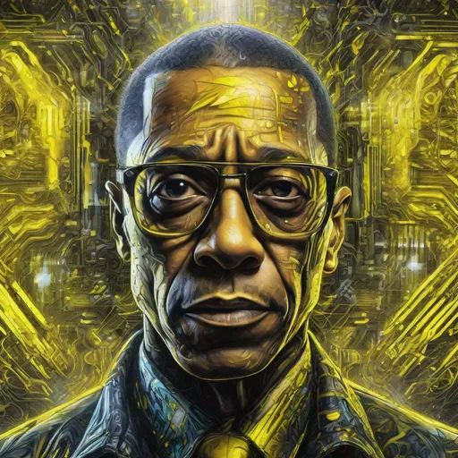 Prompt: Close up portrait, Gustavo Fring in yellow suite, Particle spectra hologlitch, Datamoshing , Vaporware, Psychedelic art by GIGER, by Dan Mumford and Callie Fink, liquid ink, ink wash, dynamic pose, centered, 16k resolution , HQ , hyper detailed, intricate artwork, perspective , insanely detailed and intricate, hyper realistic, trending on cgsociet