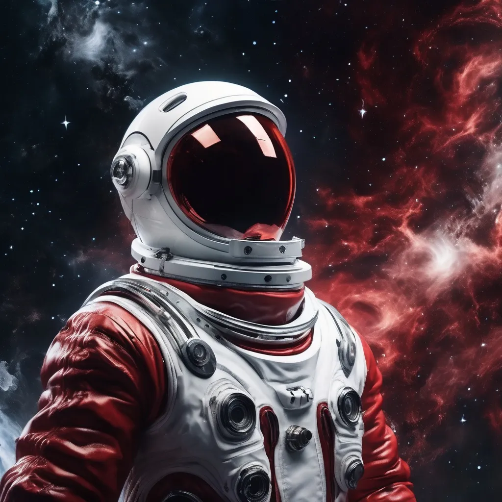 Prompt: Very high quality image of a man in a red and white space suit, surrealism style, dark color scheme, ethereal atmosphere, swirling nebulae and stars in the background, dreamlike elements merging with the suit, deep shadows and rich textures, striking contrasts, ultra-detailed, a sense of weightlessness and wonder in the cosmic expanse. 4K ultra hd