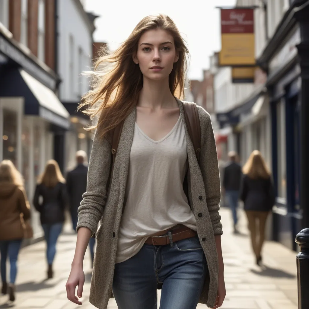 Prompt: Tall young woman walking down the high street, detailed clothing, realistic, natural lighting