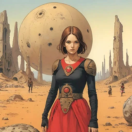 Prompt: a painting of a woman in a black dress and a red skirt standing in a ruined city with a giant round object in the background, Aleksi Briclot, gothic art, mars ravelo and greg rutkowski, cyberpunk art
