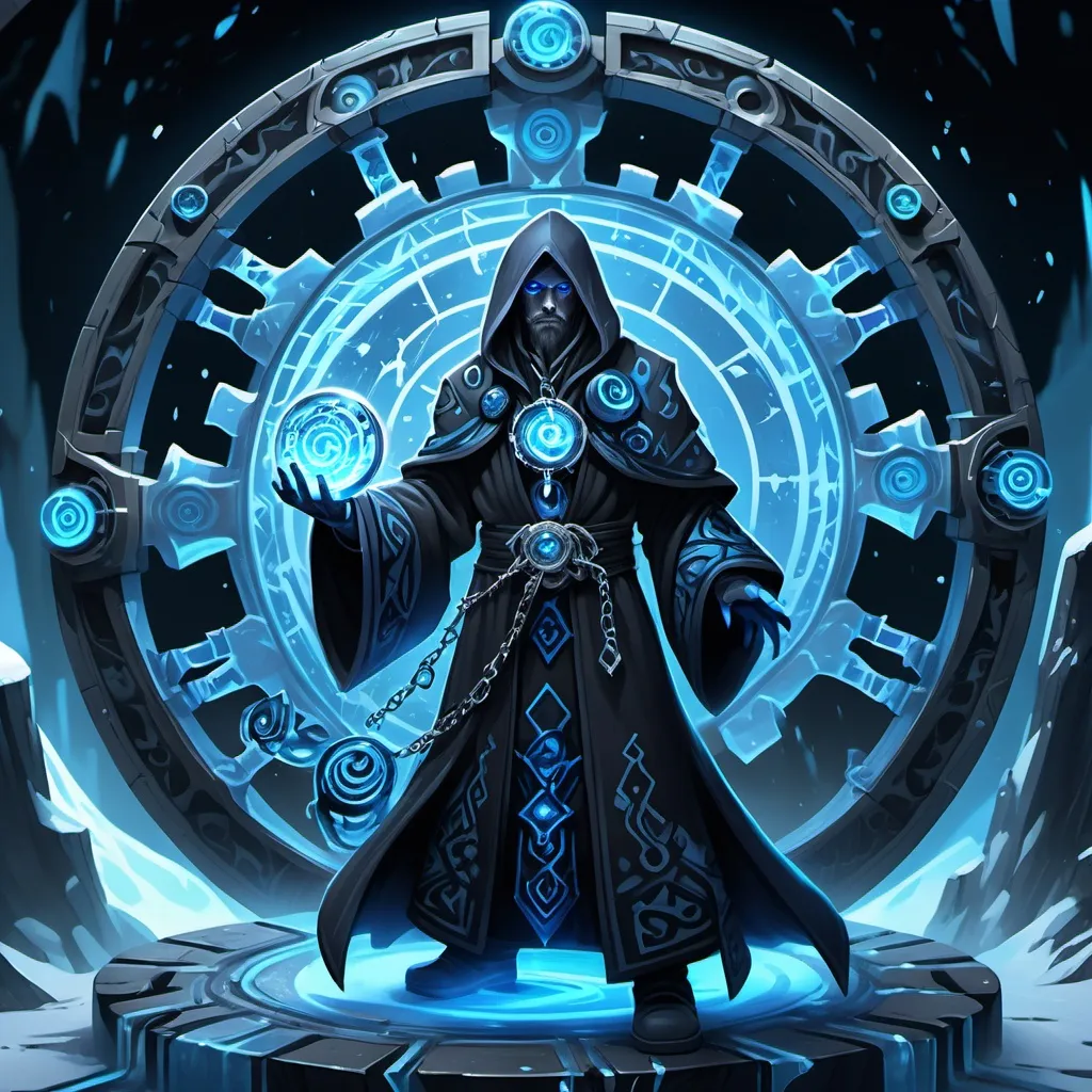 Prompt: Dark ice mage, floating on a glacial rune circle, wearing a black and blue robe with fractured ice patterns, holding a void ice chain. Glowing blue eyes emitting an ethereal light, intricate clockwork gears swirling in the background. Hyper-detailed fantasy art style, featuring a dark palette accentuated by striking neon blue elements, creating a dramatic and mystical ambiance. --ar 16:9
