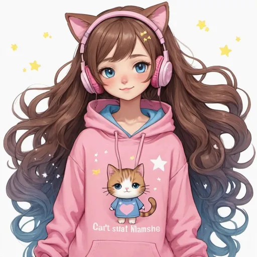 Prompt: a girl.brown wavy flying hair with blue and pink on the edges of her hair. wearing a pink cat headphone stars on it. she has yellow stars on her hair and outfit add lots of detail on outfit..she is wearing an oversized pink and blue hoodie with a cute cat on it.she is wearing a cute dress underneath.she has a name on her hoodie with the name: "EvilStar". must add this .