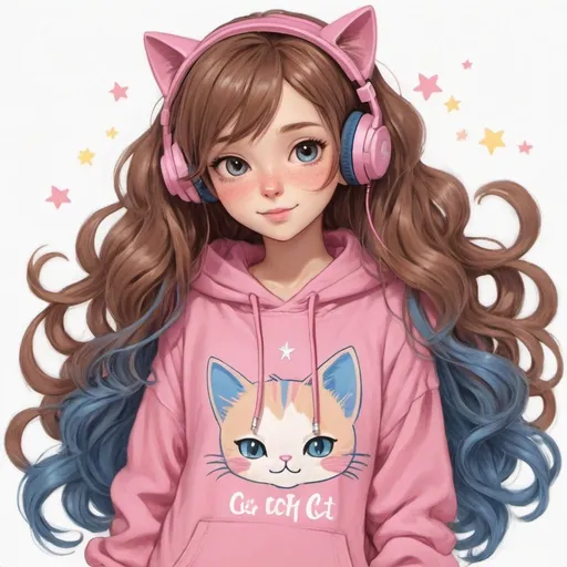 Prompt: a girl.brown wavy flying hair with blue and pink on the edges of her hair. wearing a pink cat headphone stars on it. she has yellow stars on her hair and outfit add lots of detail on outfit..she is wearing an oversized pink and blue hoodie with a cute cat on it.she is wearing a cute dress underneath.she has a name on her hoodie with the name: "EvilStar". must add this .